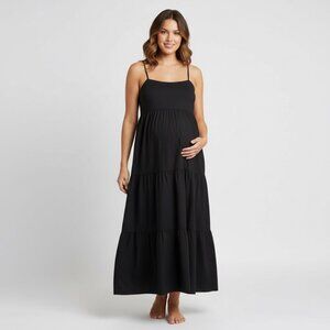 Gap 100% Cotton XXL Black Tiered MATERNITY Maxi Dress Breathable Adjustable